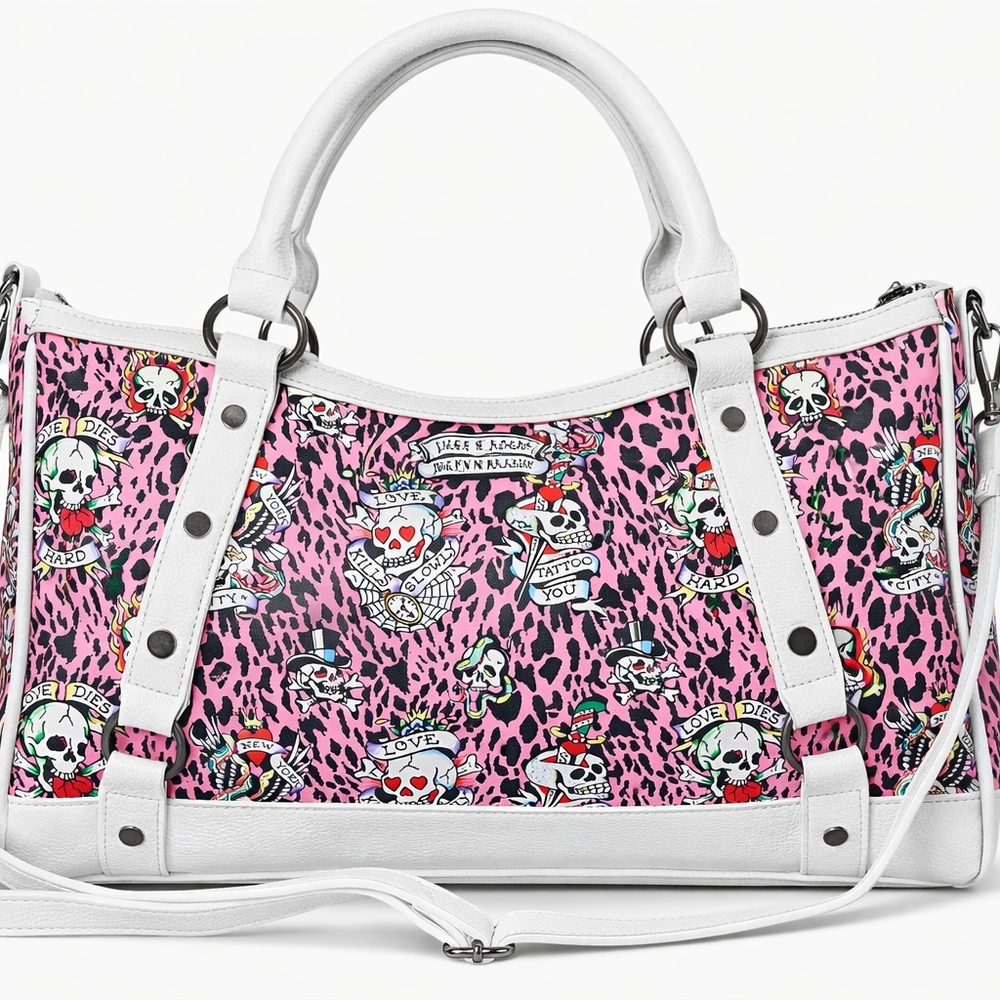 🆕️Ed Hardy Pink Leopard Skull Tote Bag White Faux Leather Satchel NWT